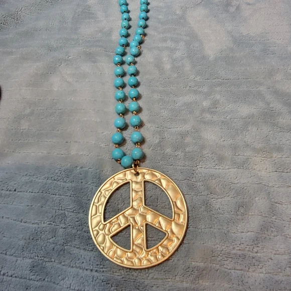 Turquoise and Gold Peace Pendant Necklace - Picture 3 of 4